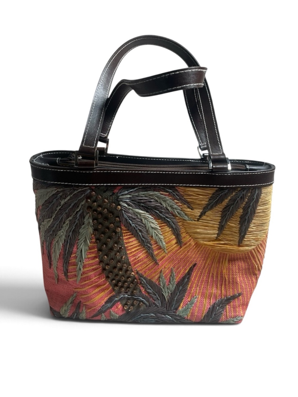 Summer Tompkins Vintage Embroidered Straw Raffia Tote Bag Pink Yellow Multicolor